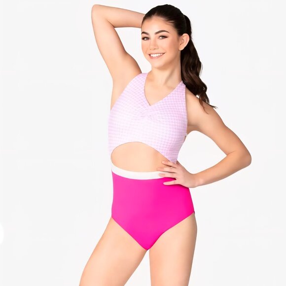 NWT Lumi Lumi Collective Houndstooth Open Back Leotard Pink XL Adult - Picture 2 of 3